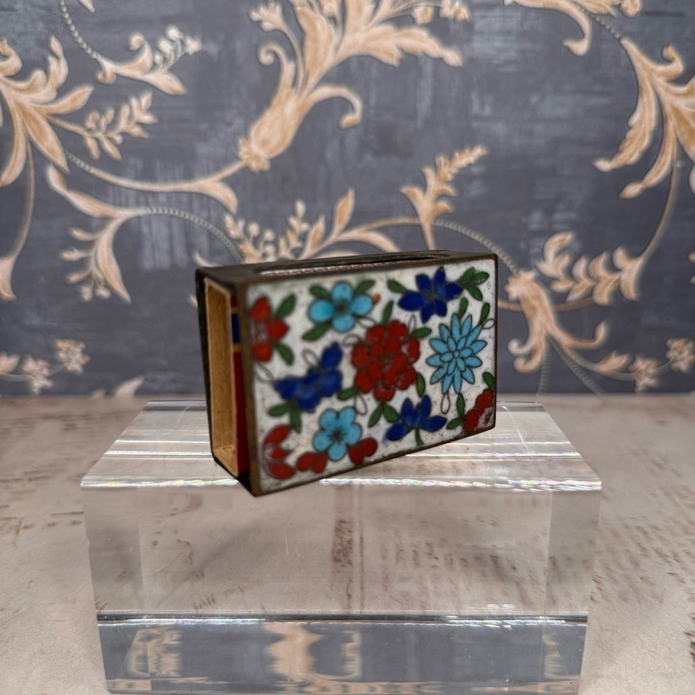 Vintage Chinese Japanese Cloisonne Brass Enamel Matchbox Holder Floral